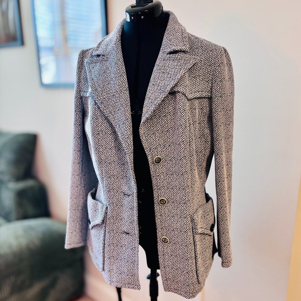 Classic Vintage Tweed Style Coat- Blue and White- S/M
